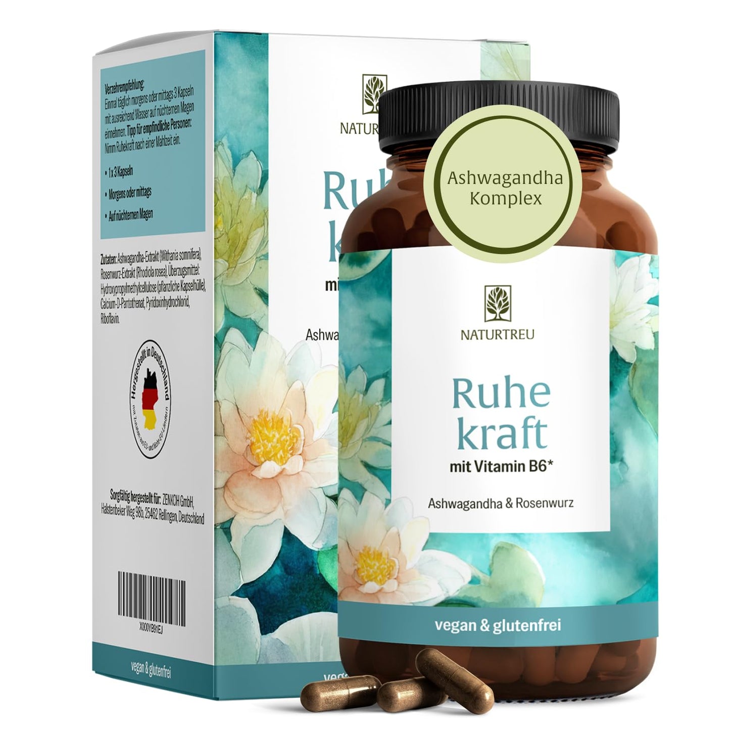 Ašvagandas kapsulas NATURTREU® ar paaugstinātu devu – 120 vegāniskas kapsulas – 500 mg ašvandas dienā – komplekss ar rožainās rodiolas ekstraktu – bez nevajadzīgām piedevām