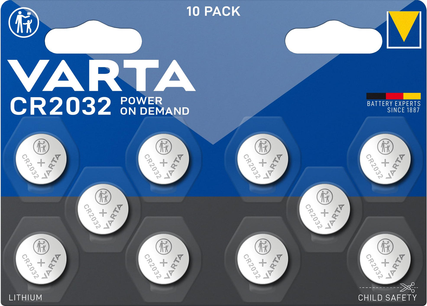 VARTA CR2032 litija monētas baterijas, 10 gab., Power on Demand, 3 V
