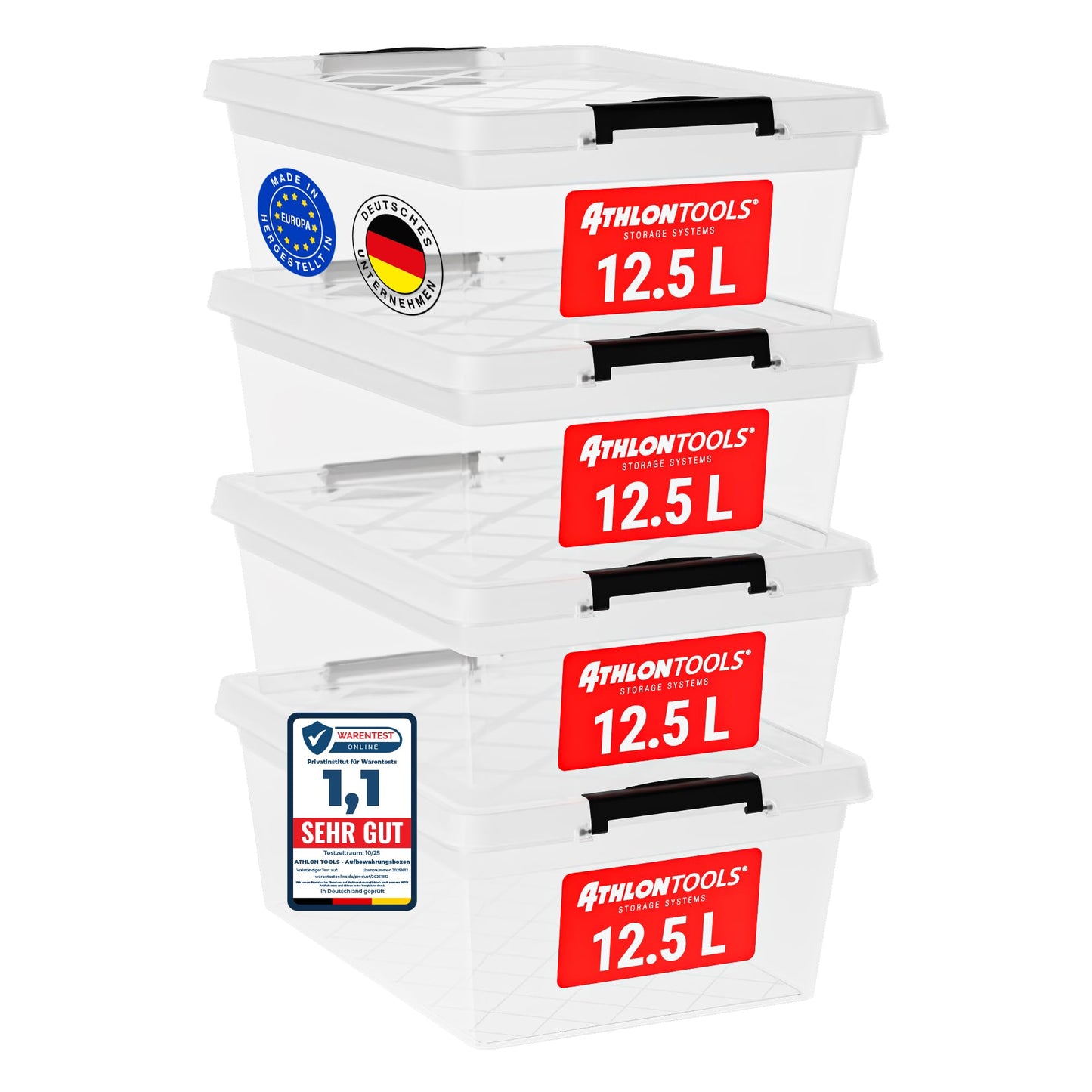 Uzglabāšanas kastes ar vāku ATHLON TOOLS, 4x 12,5 L, pārtikai drošas