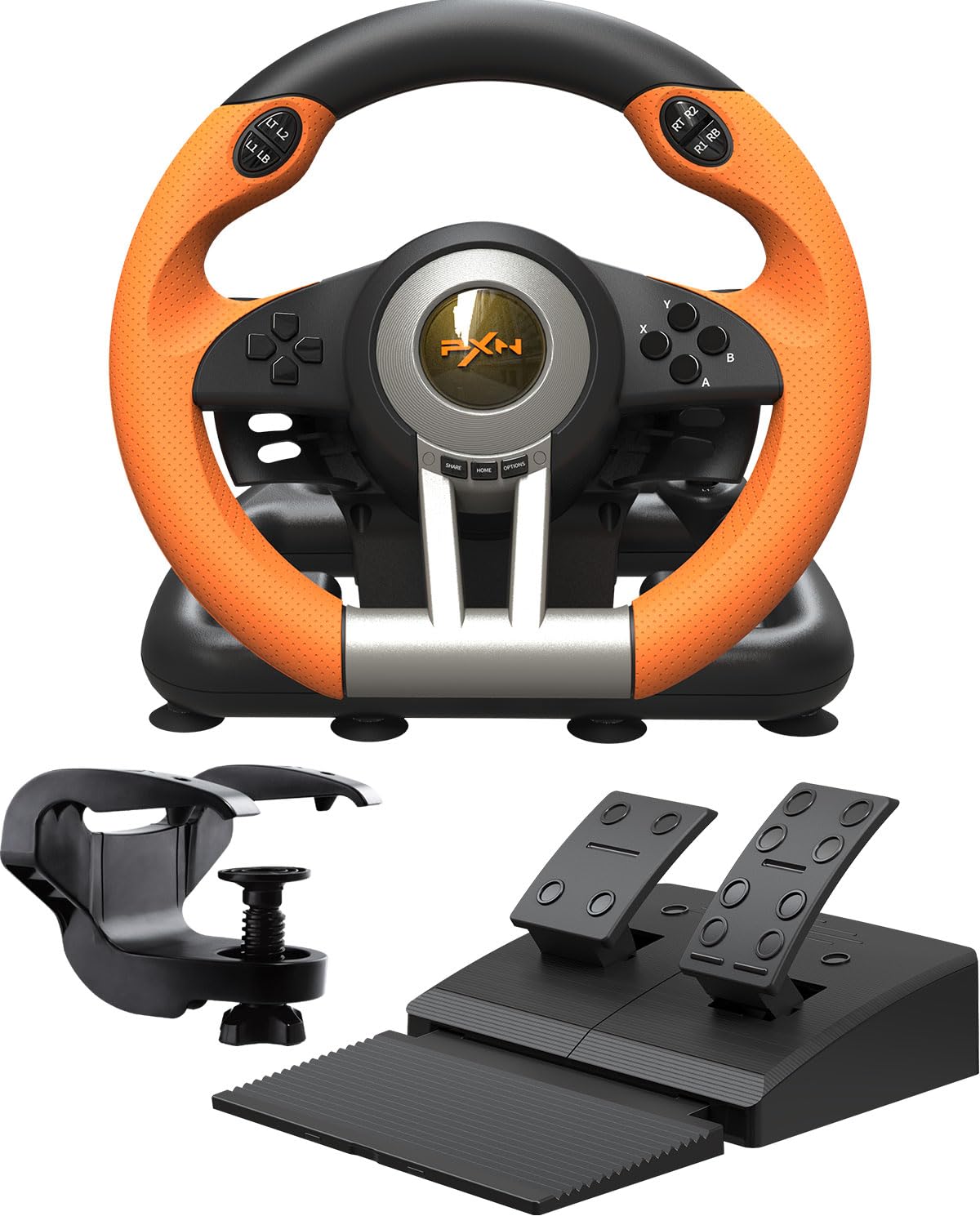 Spēļu stūre ar pedāļiem PXN V3 Pro, 180°, vibrācijas atgriezeniskā saite, integrēts pārnesumu pārslēgs, PC, PS4, PS3, Xbox, Nintendo Switch, oranža