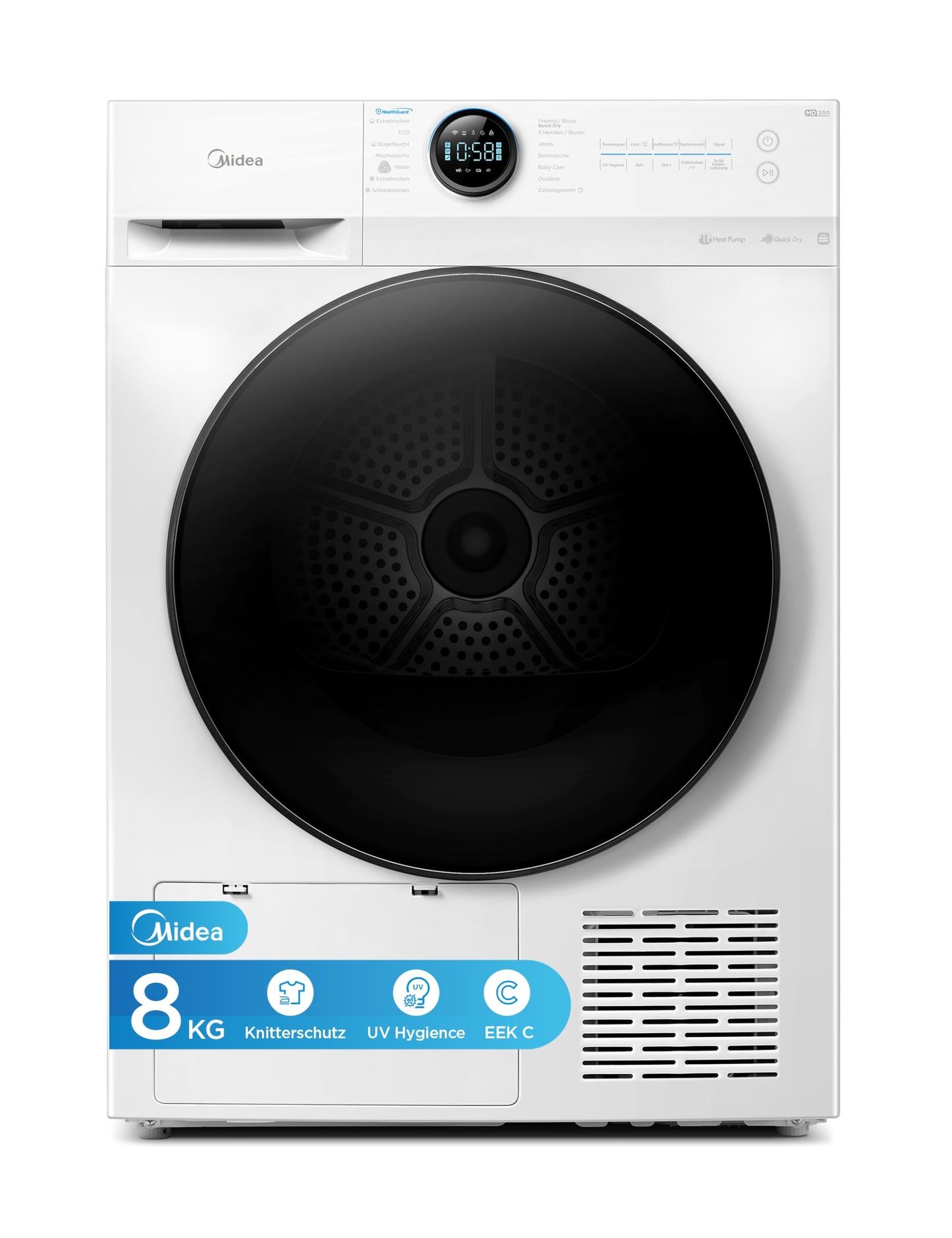 Siltumsūkņa veļas žāvētājs Midea MD20EH80WB-A3 8 kg, C energoefektivitātes klase, attālināta vadība