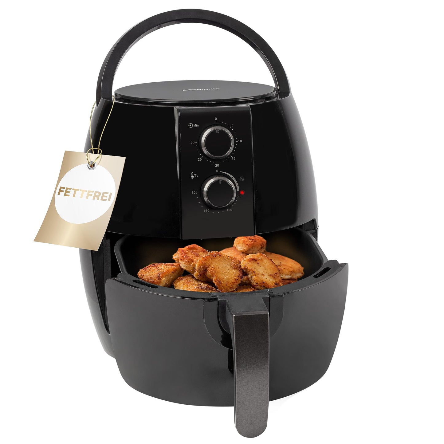 Bomann Airfryer 3.6L - Oil-free cooking, adjustable thermostat (80°C-200°C), 1350W, perfect for fitness enthusiasts.
