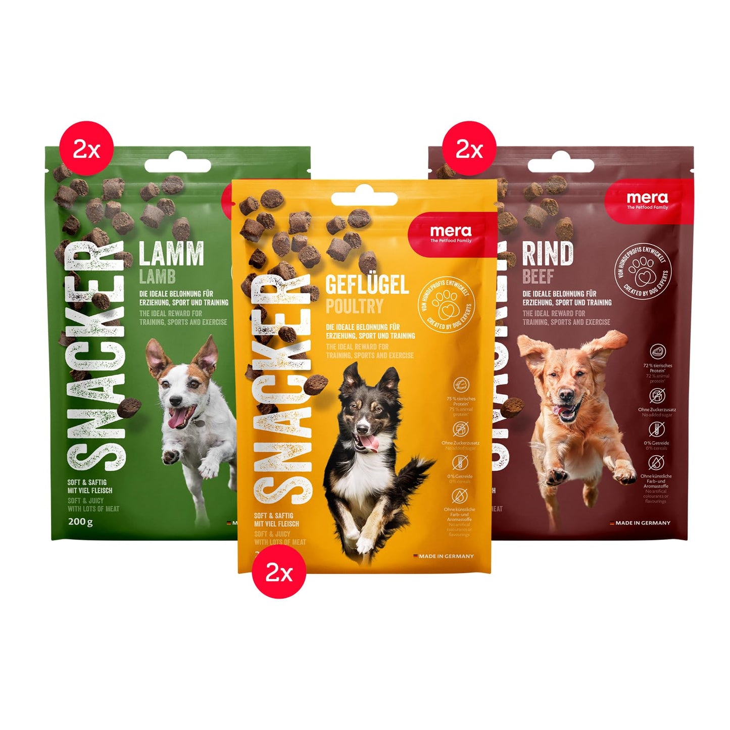 Suņu kārumi MERA Snacker Mix, 6x200g, bez graudaugiem, mīksti gaļas kārumi