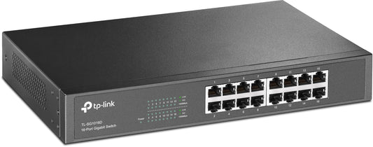 Tīkla slēdzis TP-Link TL-SG1016D ar 16 Gigabit portiem (uzstādīšanai statīvā, 32Gbit/S komutācijas jauda, ekranēti RJ-45 porti, metāla korpuss, IGMP-Snooping, nevadāms, Plug-and-Play), melns