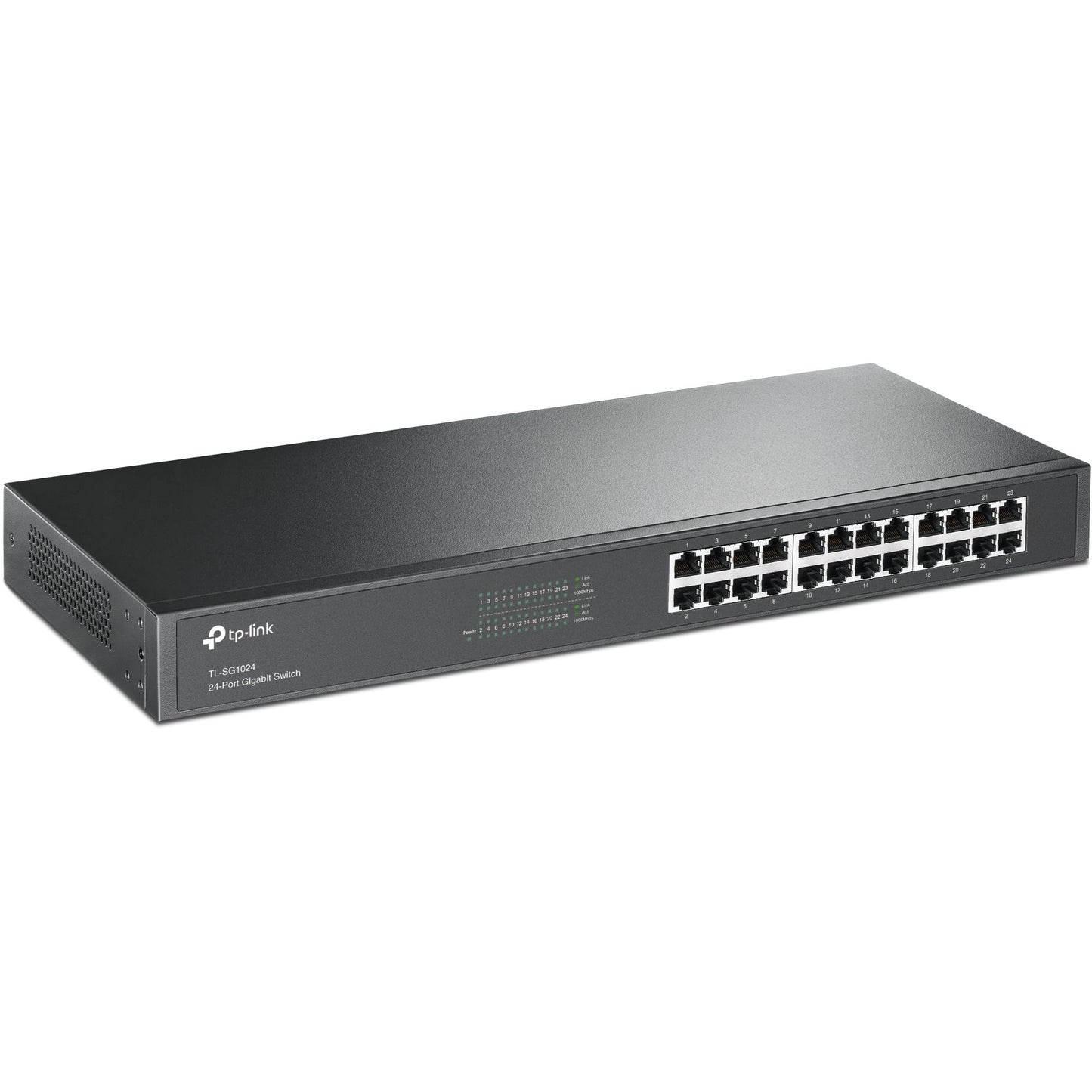 TP-Link TL-SG1024 24 portu Gigabit tīkla slēdzis, 19 collu statņu montāža, 24 RJ-45 LAN porti, metāla korpuss, nepārvaldāms, Plug-and-Play, mūža garantija, melns