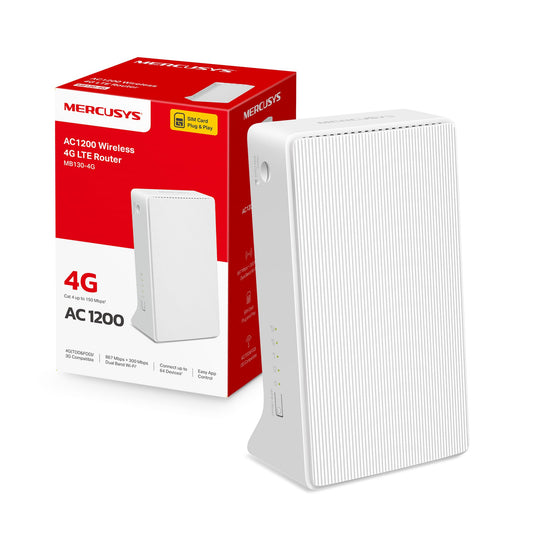 Mercusys MB130-4G LTE maršrutētājs, 4G maršrutētājs atbalsta SIM kartes, 4G Cat4 līdz 150 Mbit/s, WLAN Dual Band AC1200, 2X 100 Mbps porti, Plug and Play, līdz 64 ierīcēm, MERCUSYS lietotne