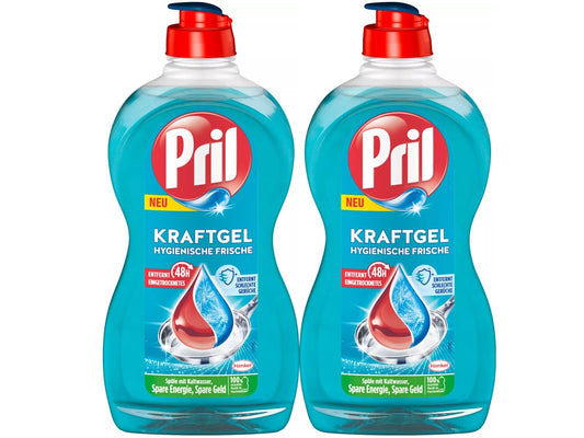 Trauku mazgāšanas līdzeklis PRIL Kraft Gel Hygienische Frische, 2x 450 ml, īpaši spēcīga tauku noņemšana, tīriem traukiem arī aukstā ūdenī