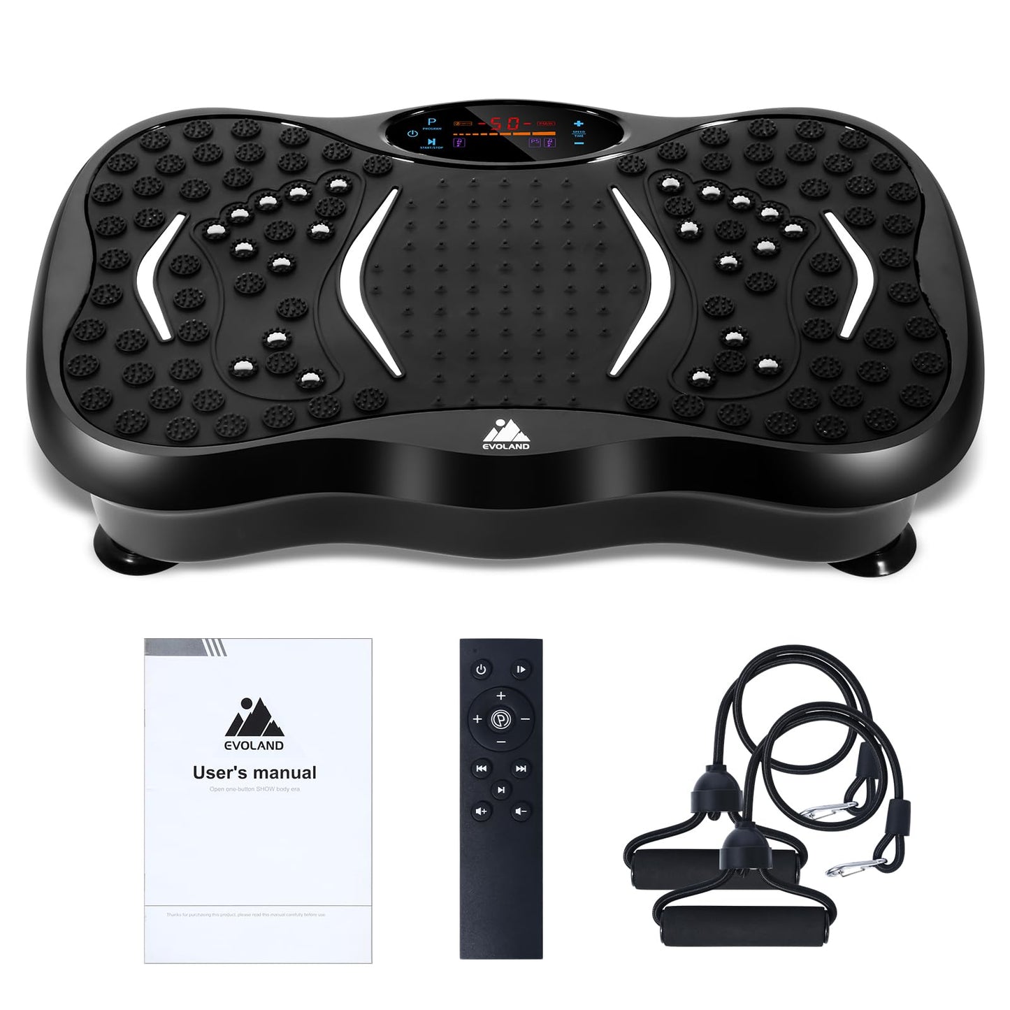 3D vibrācijas platforma EVOLAND Fitness ar 5 programmām, Bluetooth skaļruni un 2 pretestības gumijām visa ķermeņa mājas treniņiem, slodze līdz 150 kg