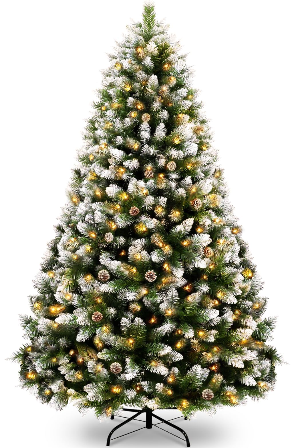 KOIUEYW mākslīgā Ziemassvētku eglīte 180 cm ar sniegu un 300 LED, egle ar 856 zariem un metāla statīvu, Ziemassvētku eglīte ar apgaismojumu mājai, birojam un veikaliem