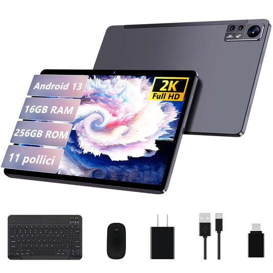 AOCWEI 2023 Android 13 planšetdators 11 collas 16GB (8+8) RAM+256GB ROM (TF 512GB) |5G+2.4G WiFi | Bluetooth 5.0 | Octa Core|2.0Ghz | 8600mAh | 2000 * 1200 pikseļi | 5+13MP | Planšetdators ar vāku, peli un tastatūru