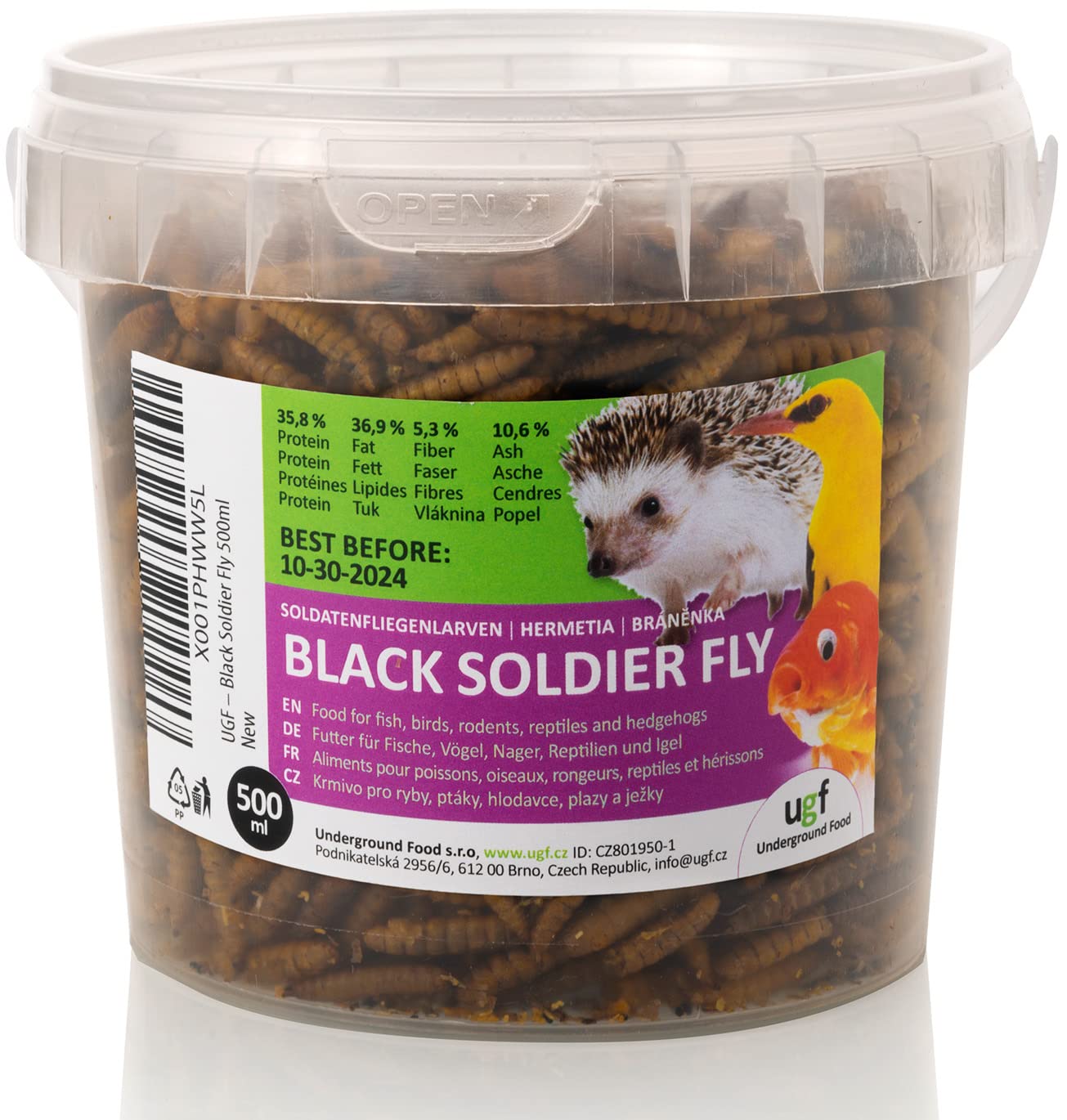 Žāvētas melnās karavīru mušu kāpuri UGF 75 g 500 ml spainī, olbaltumvielām bagāta barība putniem, ežiem, vāverēm, zivīm un rāpuļiem