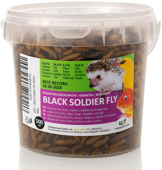 Žāvētas melnās karavīru mušu kāpuri UGF 75 g 500 ml spainī, olbaltumvielām bagāta barība putniem, ežiem, vāverēm, zivīm un rāpuļiem