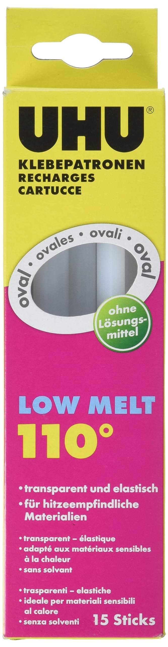 Karstās līmes patronas UHU Heißklebepatronen Low Melt, caurspīdīgas, ovālas, UHU zemtemperatūras līmes pistolēm, 200g