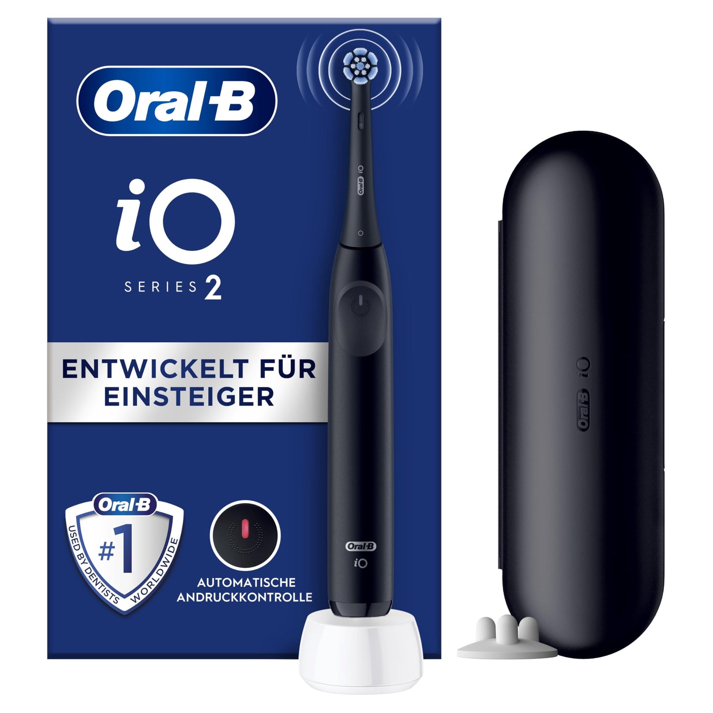 Oral-B iO Series 2 elektriskā zobu birste, elektriskā zobu birste, 1 uzlikamā suka, 3 tīrīšanas režīmi zobu kopšanai, magnētiskā tehnoloģija, ceļojumu etuijs, uzlikamo suku turētājs, izstrādājusi Braun, nakts melns