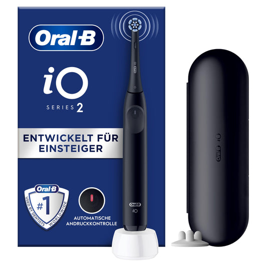 Oral-B iO Series 2 elektriskā zobu birste, elektriskā zobu birste, 1 uzlikamā suka, 3 tīrīšanas režīmi zobu kopšanai, magnētiskā tehnoloģija, ceļojumu etuijs, uzlikamo suku turētājs, izstrādājusi Braun, nakts melns