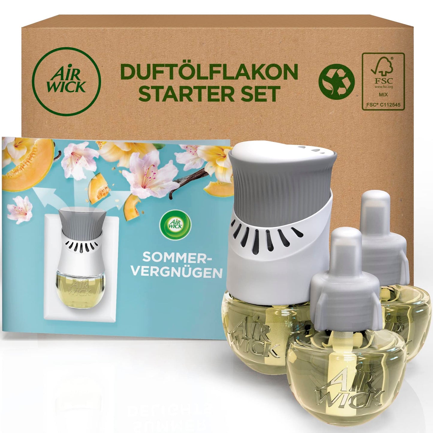 Air Wick Duftstecker – sākuma komplekts ar 3 uzpildēm – telpas aromāts Vasaras baudījums, ceriņi – 1 ierīce un 3 x 20 ml eļļa