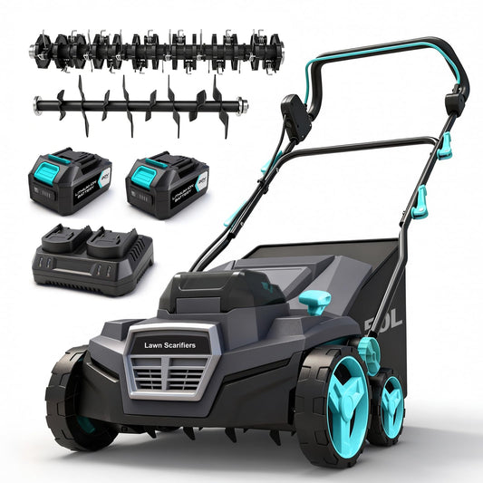 Akumulatora zāliena skarifikators un aerators BLUEMARS 40 V, elektriskais zāliena grābeklis, 50 l zāles savācējs, darba platums 38 cm, 2 x 20 V akumulatori, dubultais lādētājs, 3 dziļuma iestatījumi