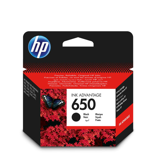 HP 650 melna oriģinālā tintes kasetne - augstas kvalitātes drukāšana, saderīga ar HP printeriem, ilga kalpošanas spēja.