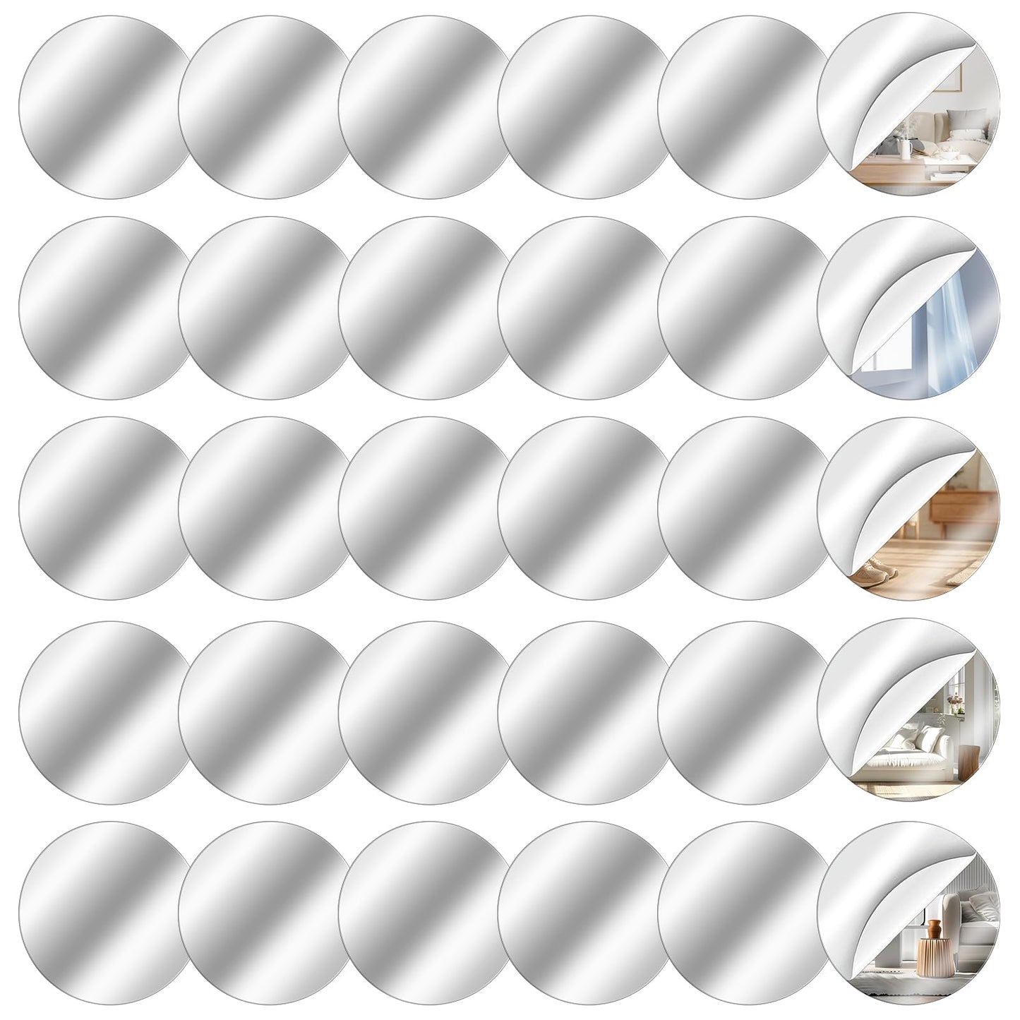 LIQWEI 30 gab. pašlīmējoši apaļie spoguļi, 5x5 cm mini akrila mozaīkas spoguļflīzes, mazi apaļi spoguļi, elastīgas pašlīmējošas spoguļflīzes mājai, DIY sienai, galdam, virtuvei, vannasistabai