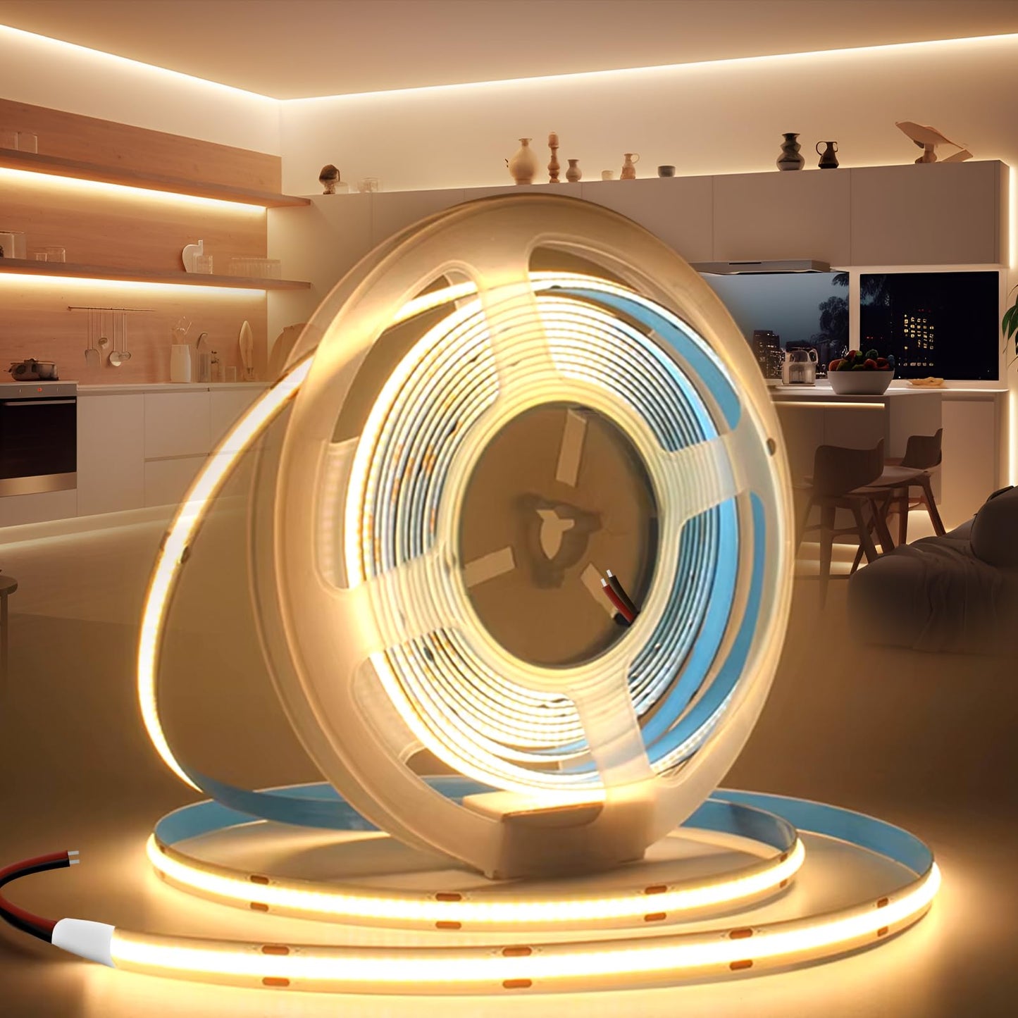 LED lente BRIMETI 12V 5M COB pašlīmējoša siltbalta 3000K 8mm 320LEDs/M, elastīga IP20 apgaismojuma lente DIY, TV, guļamistabas apgaismojumam (bez barošanas bloka)