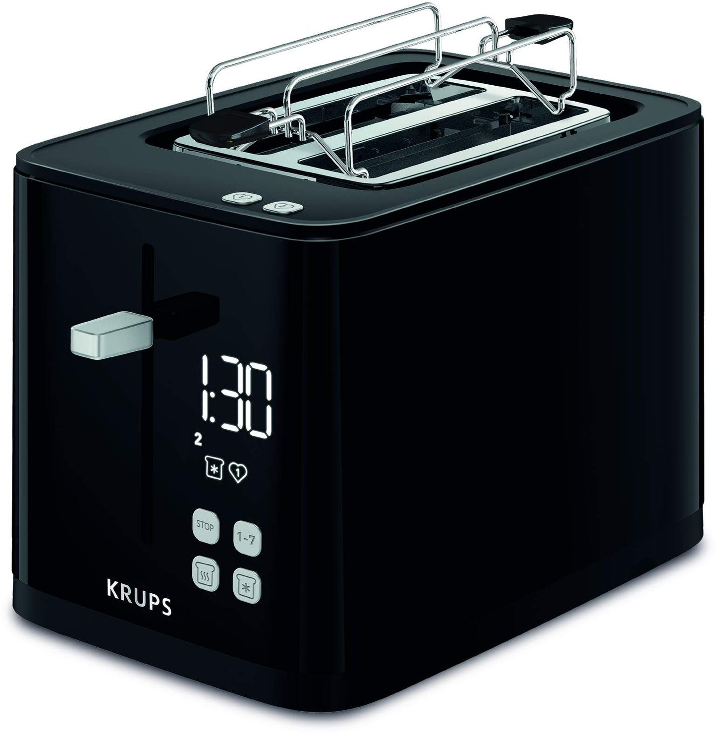 Krups KH641810 Smart'n Light tosteris, divu šķēļu tosteris, digitālais displejs, 7 brūnināšanas līmeņi, izņemama drupaču atvilktne, atpakaļskaitīšana, pacelšanas ierīce, melns