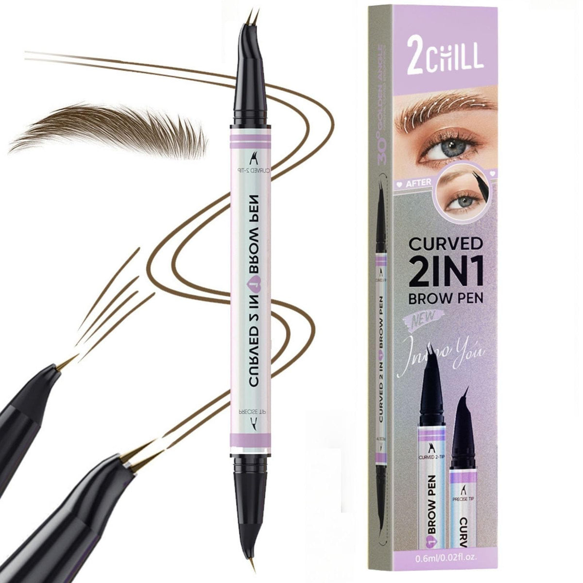 Uzacu zīmulis 2CHILL, ūdensizturīgs microblading uzacu zīmulis ar 2 galiem, eyebrow pencil ar 2 zaru dakšas uzgali un precīzu otiņas galu dabiskam grimam, tumši brūns