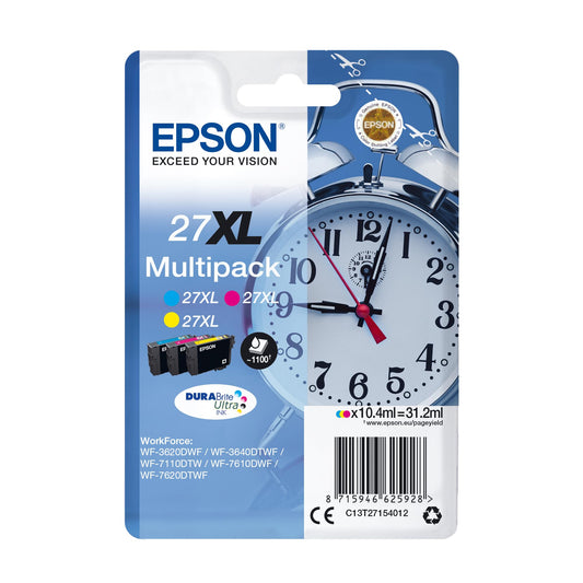 Epson 27XL tinte - 3-krāsaina daudzpaka, saderīga ar WF-3620DWF, WF-3640DTWF, WF-7110DTW un citiem modeļiem.