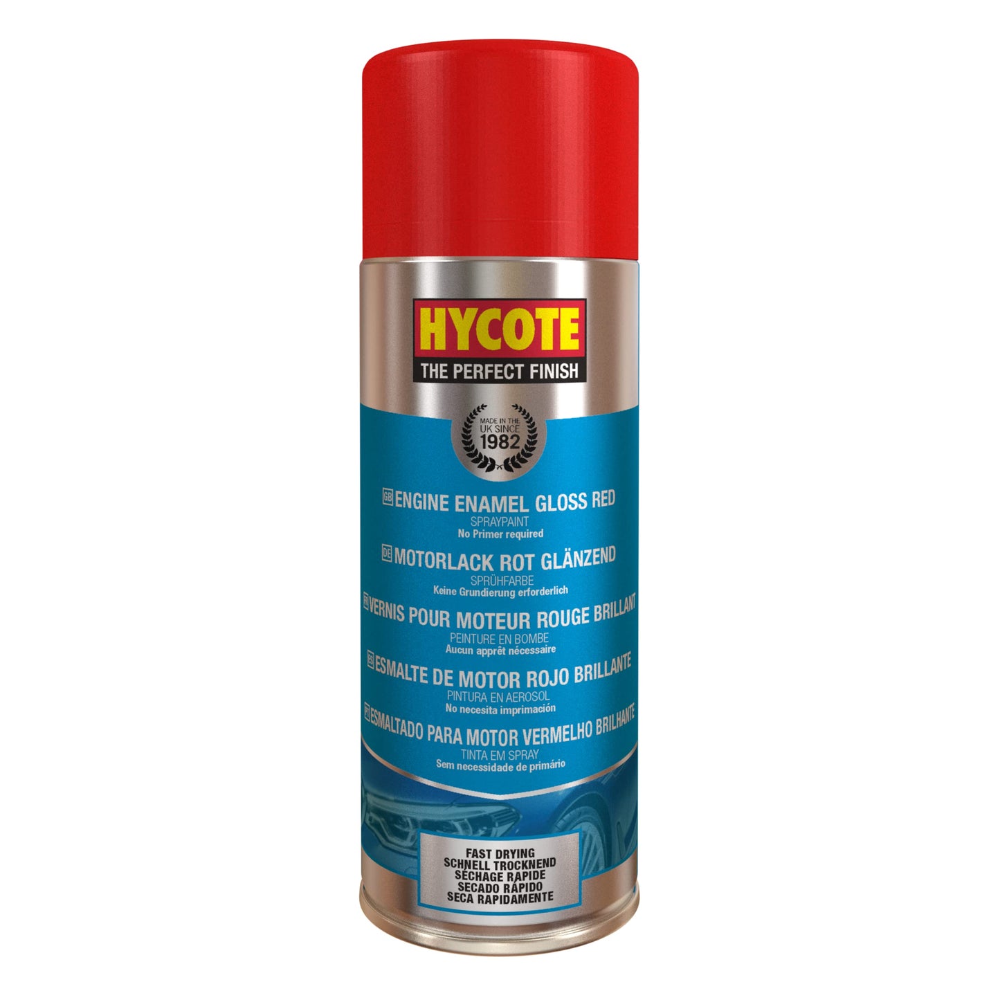 Hycote sarkana spīdīga motora krāsa 400 ml, ātri žūstoša akrila aerosola krāsa ar augstu karstumizturību, izturīga pret eļļu, degvielu un taukiem