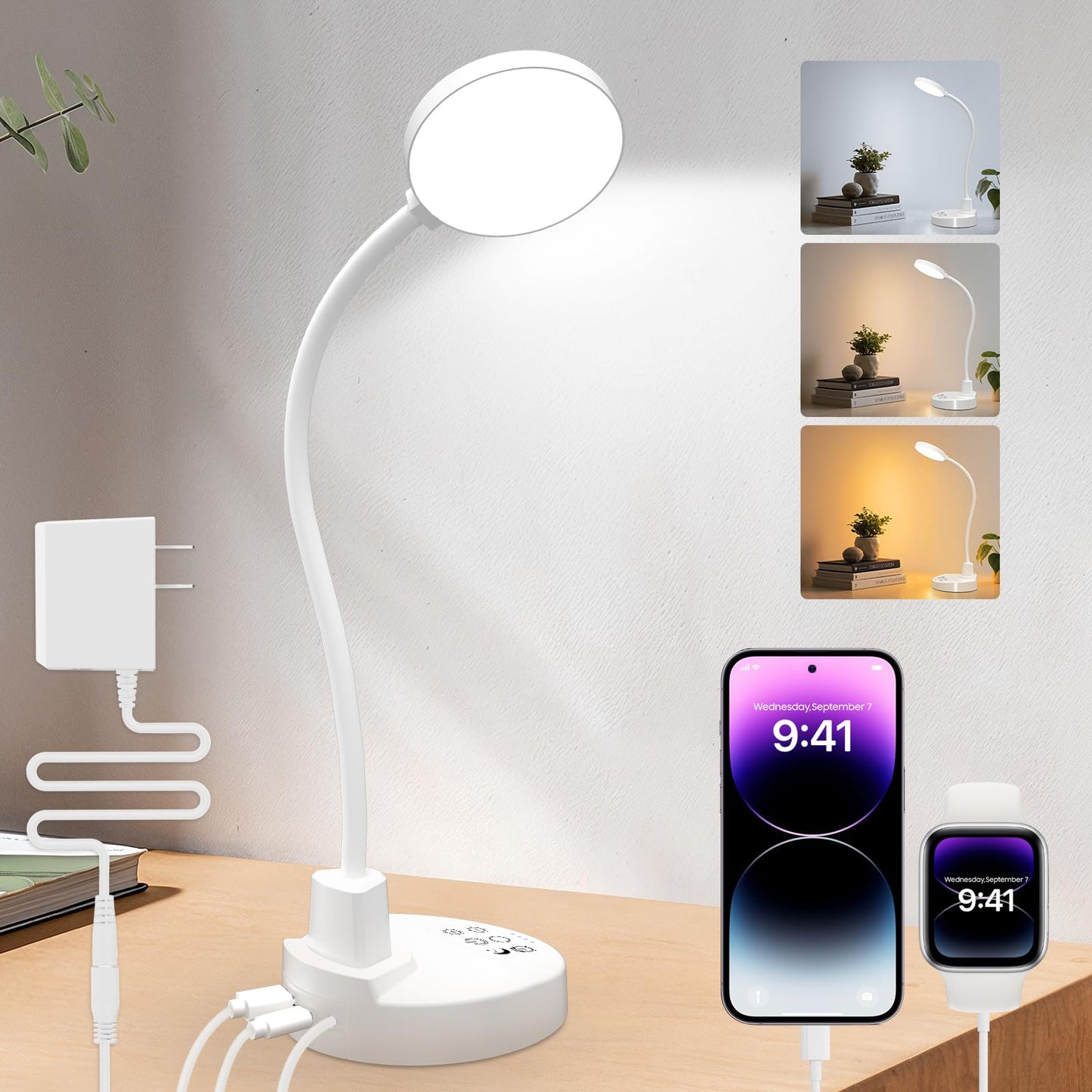 ZAPLIT 15W LED galda lampa ar USB-A un USB-C, dimmējama, 3 krāsu temperatūras, 5 spilgtuma līmeņi, 4 taimeri, elastīgs 360° gooseneck, saudzīga acīm, galda lampa birojam un guļamistabai, balta
