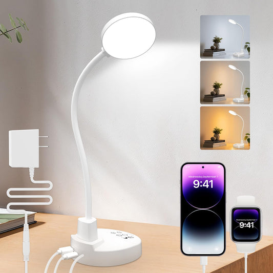 ZAPLIT 15W LED galda lampa ar USB-A un USB-C, dimmējama, 3 krāsu temperatūras, 5 spilgtuma līmeņi, 4 taimeri, elastīgs 360° gooseneck, saudzīga acīm, galda lampa birojam un guļamistabai, balta