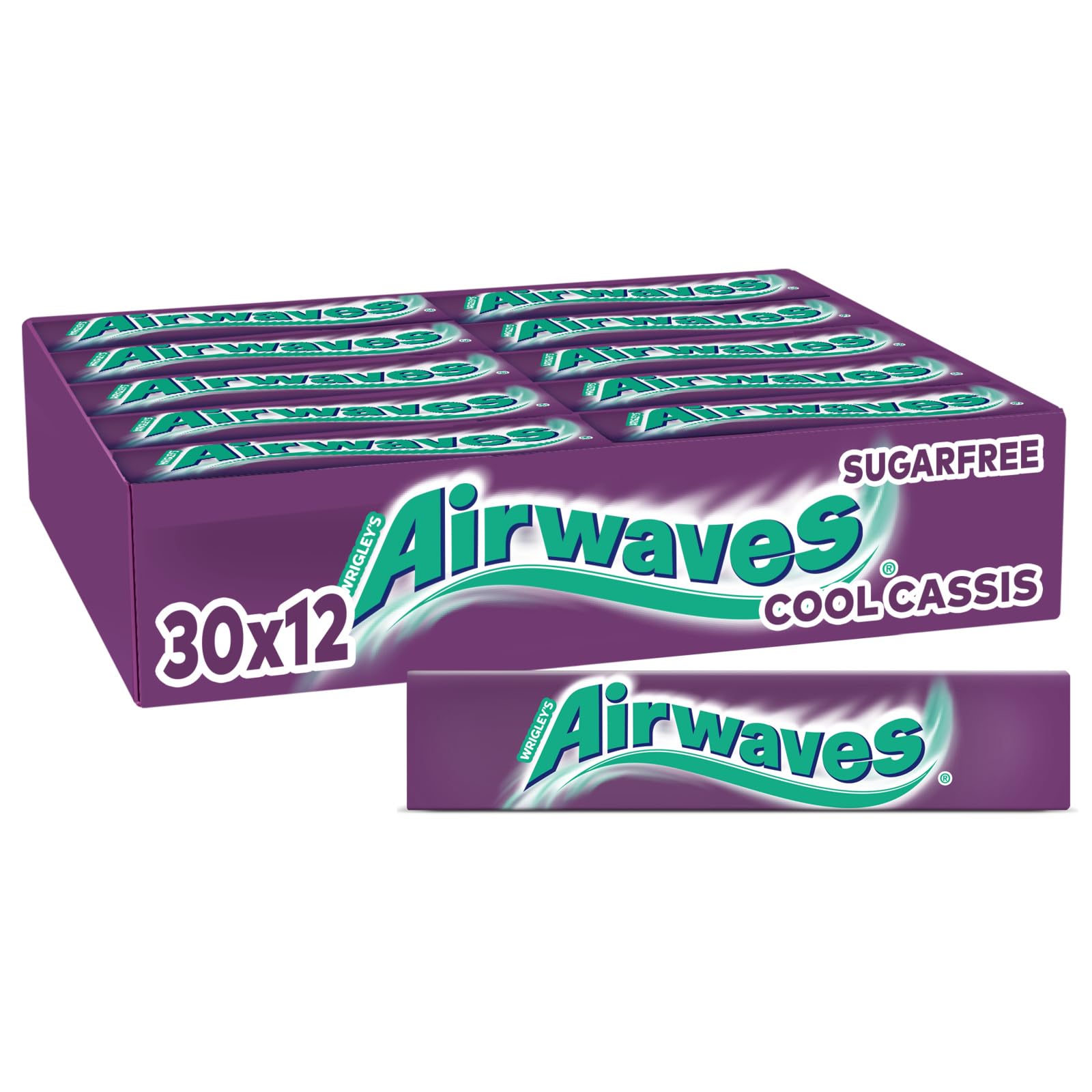 Airwaves bezcukura košļājamā gumija, Cool Cassis garša, 30 x 12 dragees, liela iepakojuma košļājamā gumija, košļājamā gumija bez cukura ar piparmētru svaigumu (360 dragees)