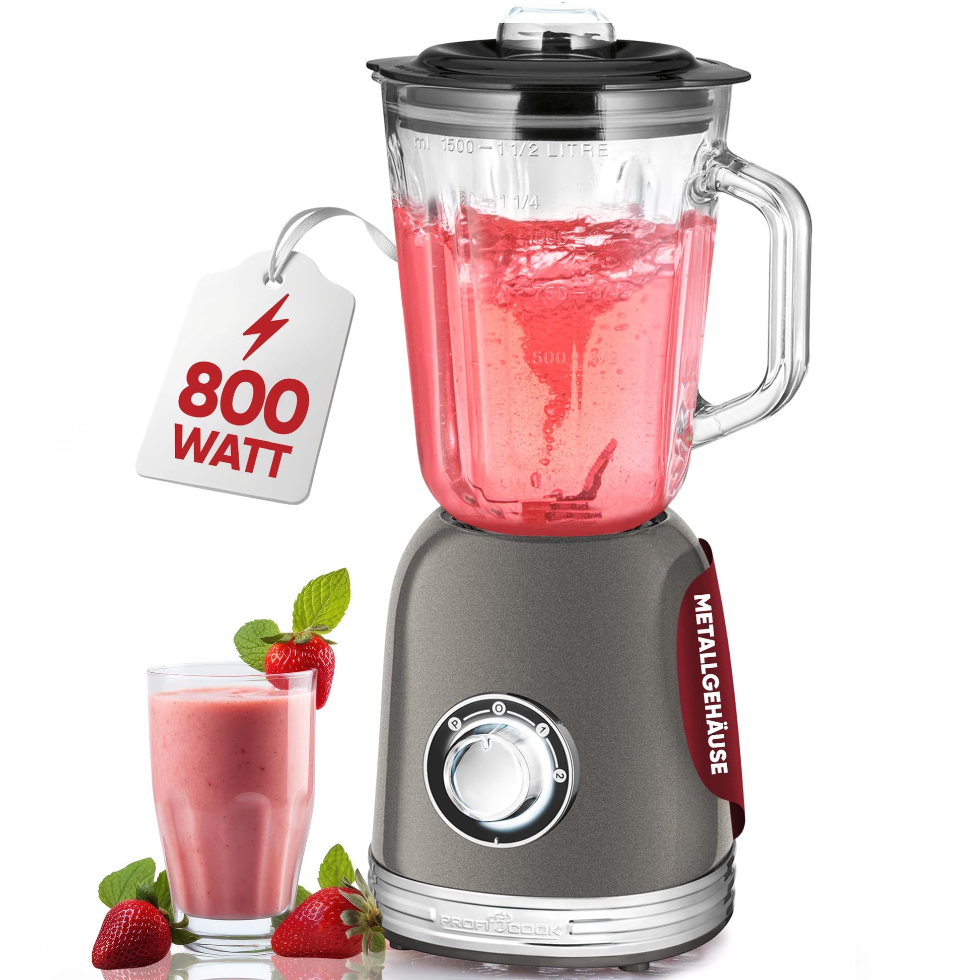 ProfiCook® mikseris - 1,5L stikla trauks, ledus drupināšana, turbo režīms, 800W, četrkāršs Piranha asmens, metāla korpuss.