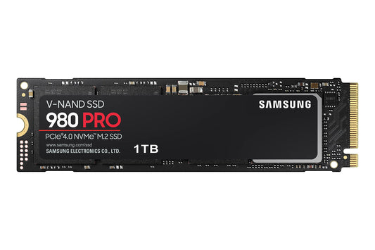 Samsung 980 PRO NVMe M.2 SSD - 1 TB, PCIe 4.0, 7,000 MB/s read, 5,000 MB/s write, ideal for gaming and video editing.