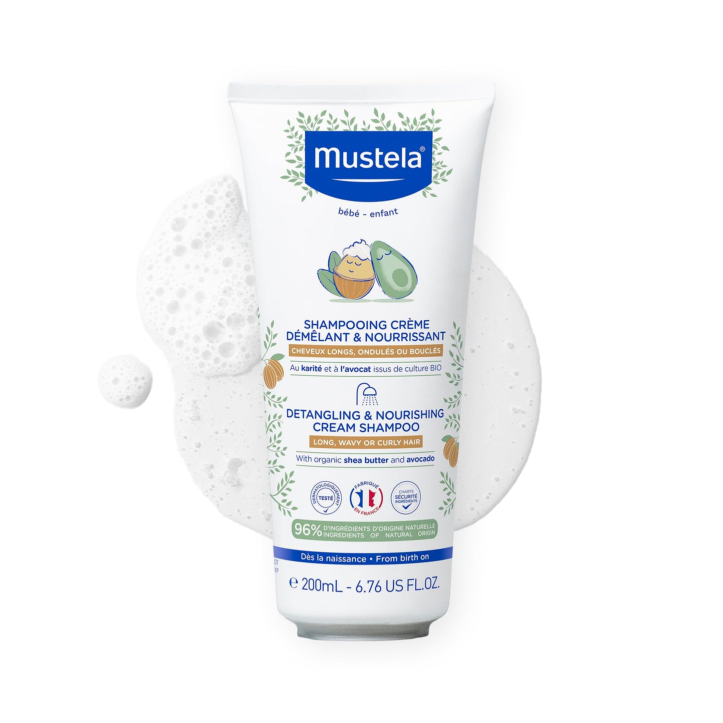 Bērnu krēmšampūns Mustela, 200 ml, maigi attīrošs un kopjošs, gariem, viļņainiem un cirtainiem matiem