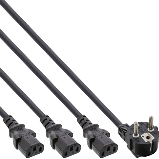 InLine 16653H tīkla Y kabelis, 1x Schuko spraudnis uz 3x aukstās ierīces spraudņiem, Version 3 (2m+1/3/2m)