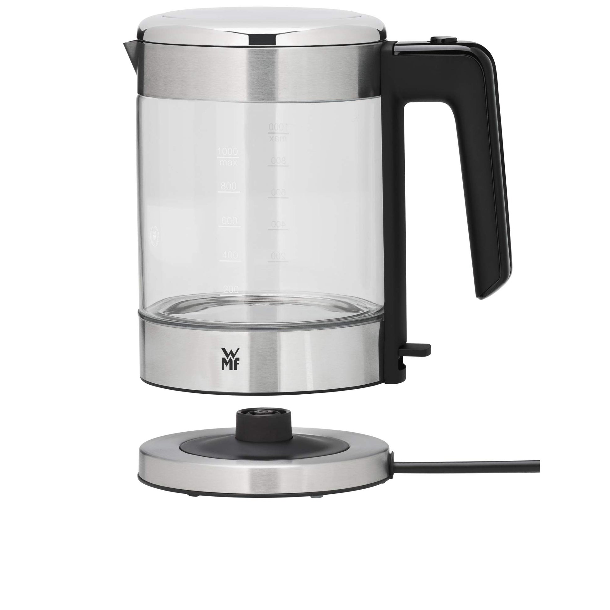WMF Küchenminis stikla tējkanna - 1L, bezvadu, ūdens līmeņa indikators, kaļķu filtrs, automātiska vārīšanas apturēšana, 1900W.