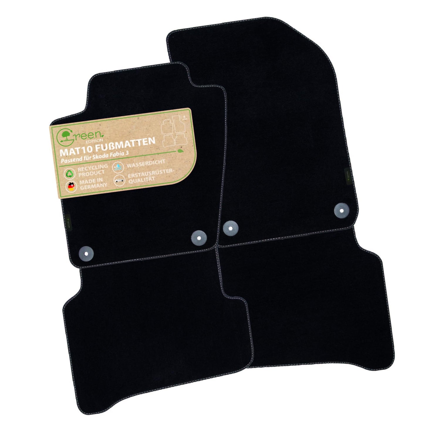 MAT10 Green Edition – automašīnas paklāji piemēroti Skoda Fabia 3 (09/2018-08/2021, 5 durvju, tips NJ) | ilgtspējīgs velūrs | automašīnas paklāju komplekts, 4 daļās | ražots Vācijā, oriģināliekārtu kvalitāte