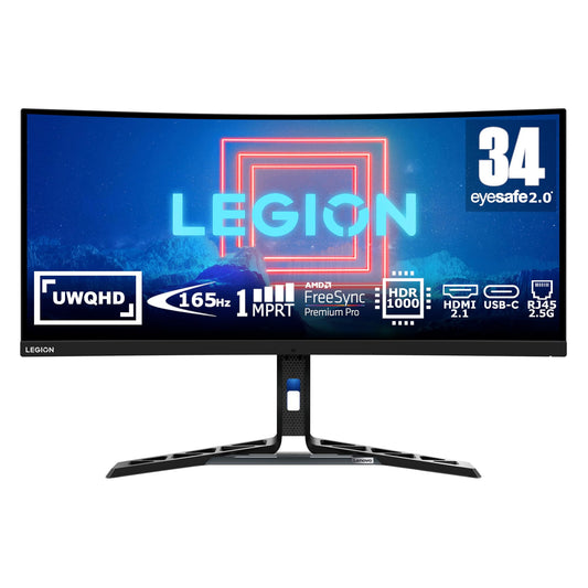 Lenovo Legion Y34wz-30 - 34" WQHD gaming monitor, 3440x1440, 180Hz, 1ms response, USB-C, HDMI, AMD FreeSync, built-in speakers.