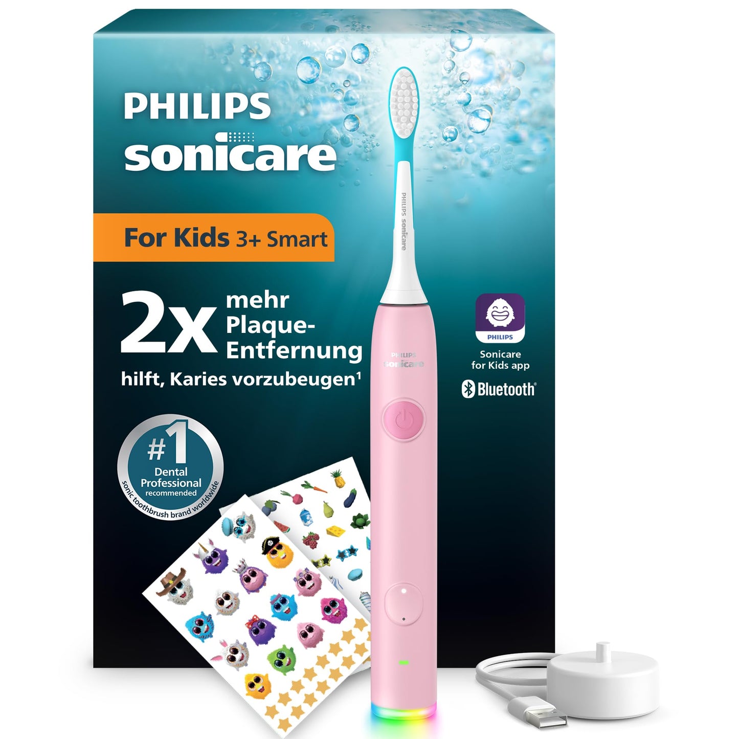 Elektriskā zobu birste Philips Sonicare for Kids Smart, soniskā zobu birste ar lietotni, bērniem no 3+, 2 maigi tīrīšanas režīmi, 2 minūšu taimeris, 2 birstes galviņas (Standard + Mini), rozā, HX6600/11