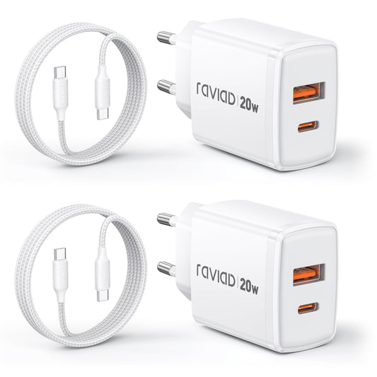USB-C lādētājs RAVIAD 20W, 2 gab., 2 portu ātrās uzlādes komplekts ar 60W kabeli 2M