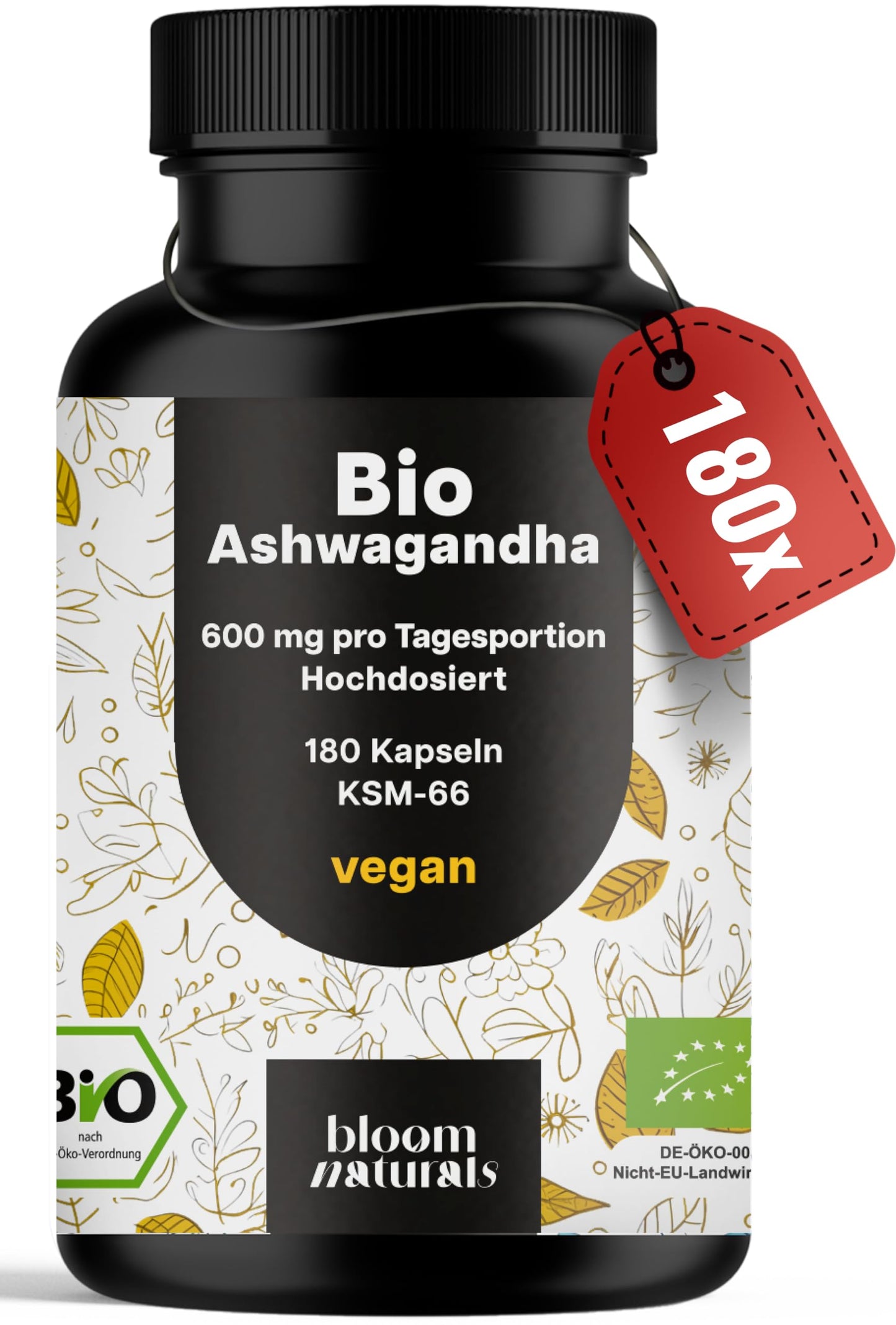 Bio ashwagandha kapsulas, 180 kapsulas, 600 mg dienā