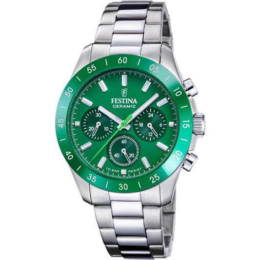 FESTINA CRONO ESF.Verd - Stylish chronograph watch with green dial, stainless steel case, and durable leather strap.