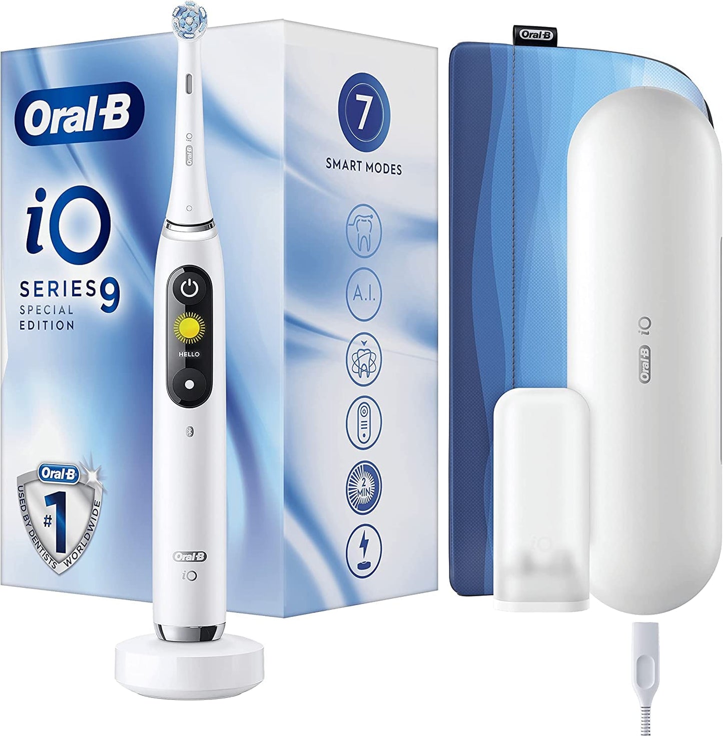 Oral-B iO 9 elektriskā zobu birste, Special Edition, balta, 1 birste, 1 ceļojuma futrālis, lādētājs, 1 magnētiskā soma