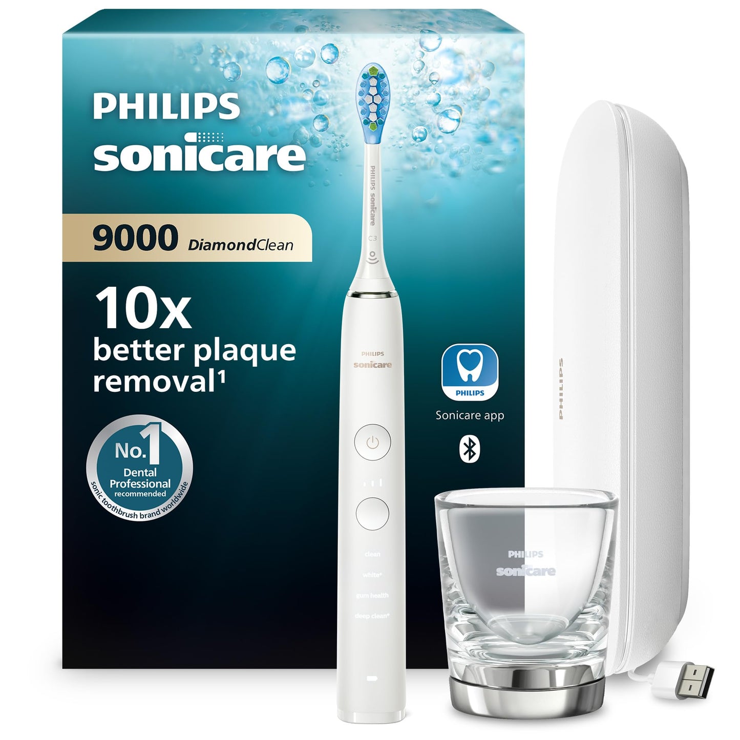 Philips Sonicare DiamondClean 9000 elektriskā zobu birste, skaņas zobu birste ar lietotni, spiediena sensors, 4 tīrīšanas režīmi, 3 intensitātes līmeņi, uzlādes glāze un USB ceļojuma futrālis, balta, modelis HX9911/27
