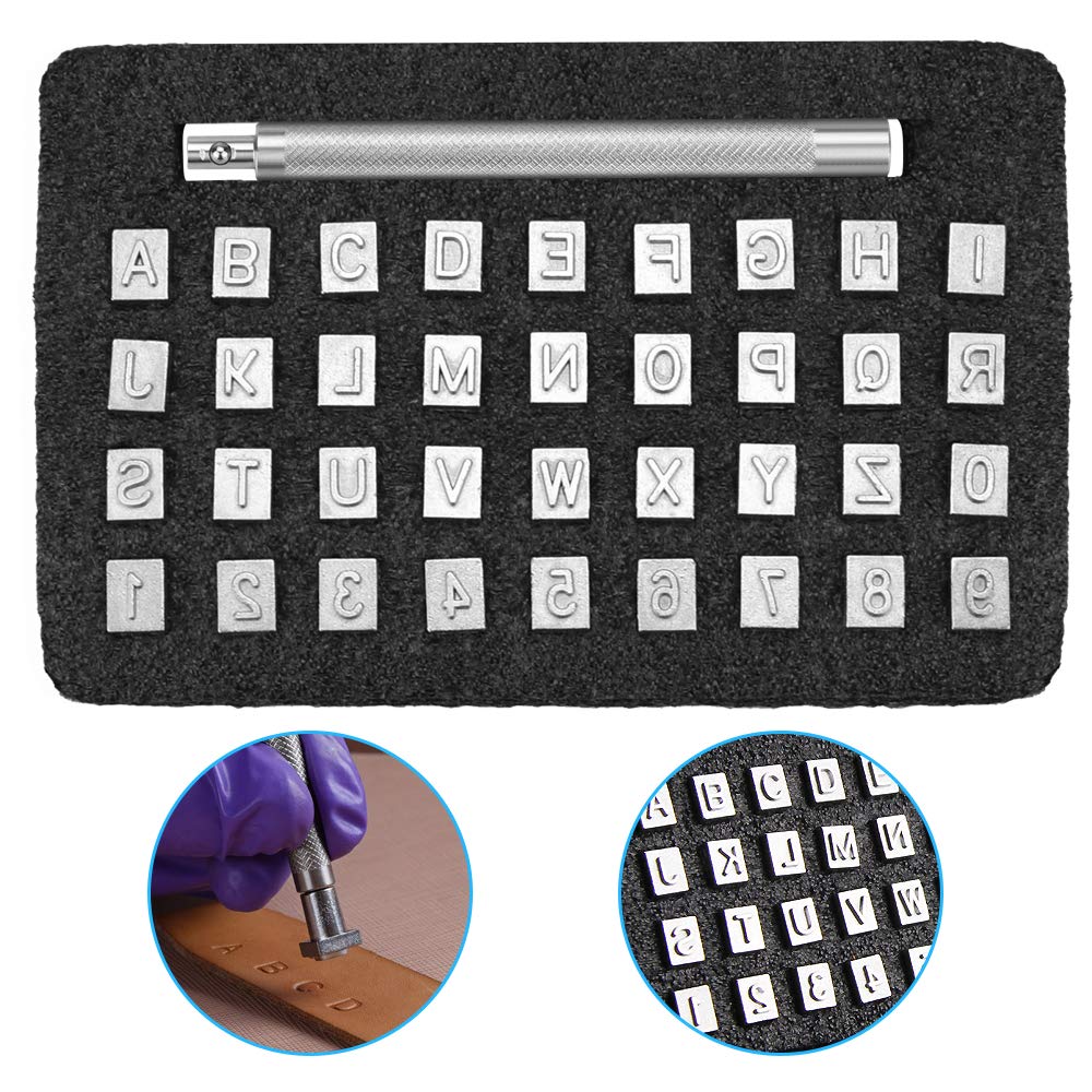 37 gabalu ādas burtu un ciparu zīmogu komplekts, A-Z, 3mm