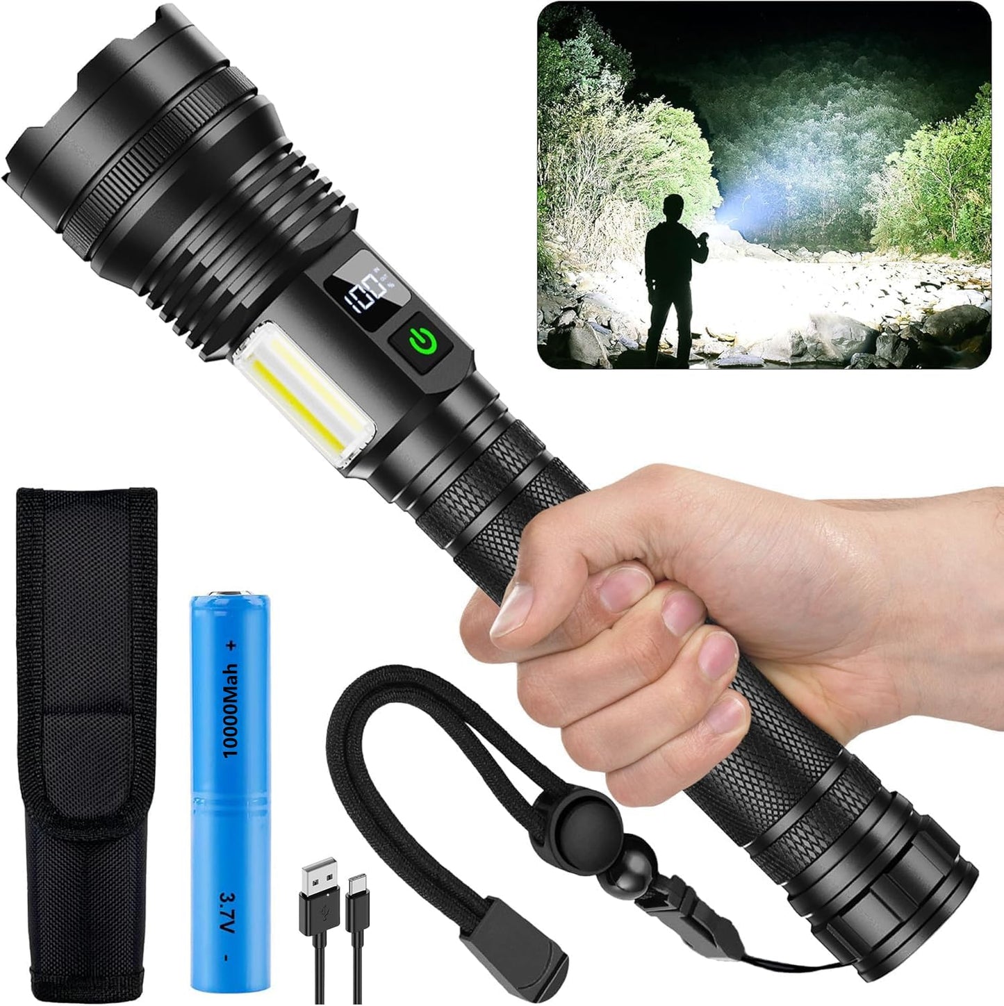 Atkārtoti uzlādējams lukturis ASORT 990.000 Lumen, īpaši spilgts USB uzlādes taktiskais lukturis, zoomējams, IP67 ūdensizturīgs, 10 gaismas režīmi mājām, āra aktivitātēm, ārkārtas situācijām, patruļai, kempingam (ar akumulatoru)