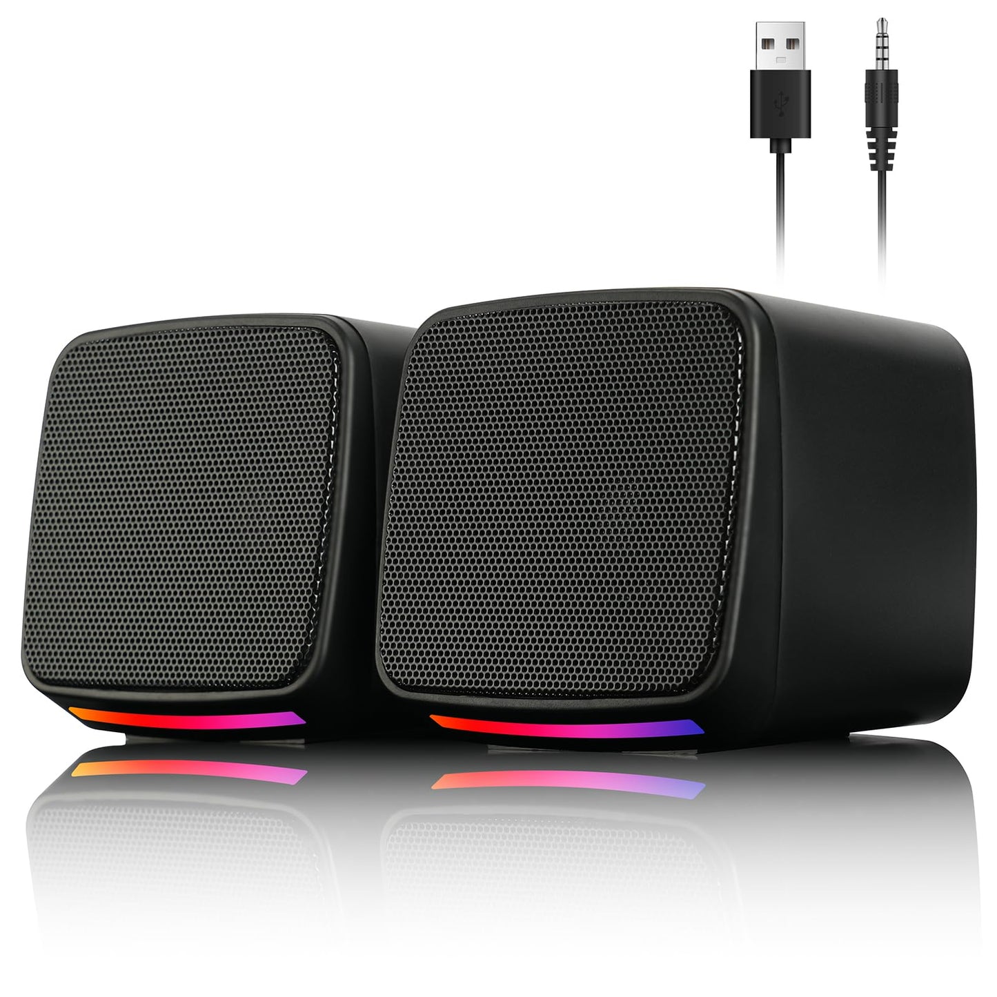 Datora skaļruņi Vicloon, mazi stereo skaļruņi ar 3,5 mm austiņu ligzdu un USB, 3W, aktīvi skaļruņi ar atmosfēras apgaismojumu datoram, klēpjdatoram, viedtālrunim un planšetdatoram, 1 pāris
