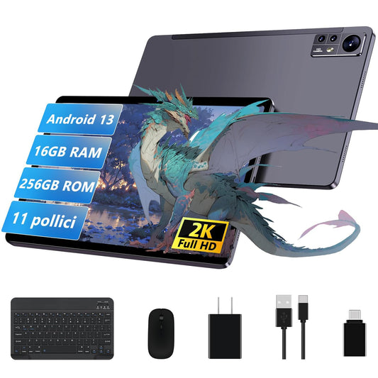 AOCWEI 2023 planšetdators 11 collas Android 13 16(8+8) GB RAM + 256 GB ROM (TF 512 GB)|8600 mAh|5 MP+13 MP+2 MP| 2000 x 1200 pikseļi, Bluetooth 5.0 |5 G + 2,4 G WiFi, Octa-Core, planšetdators ar vāciņu+taustiņu