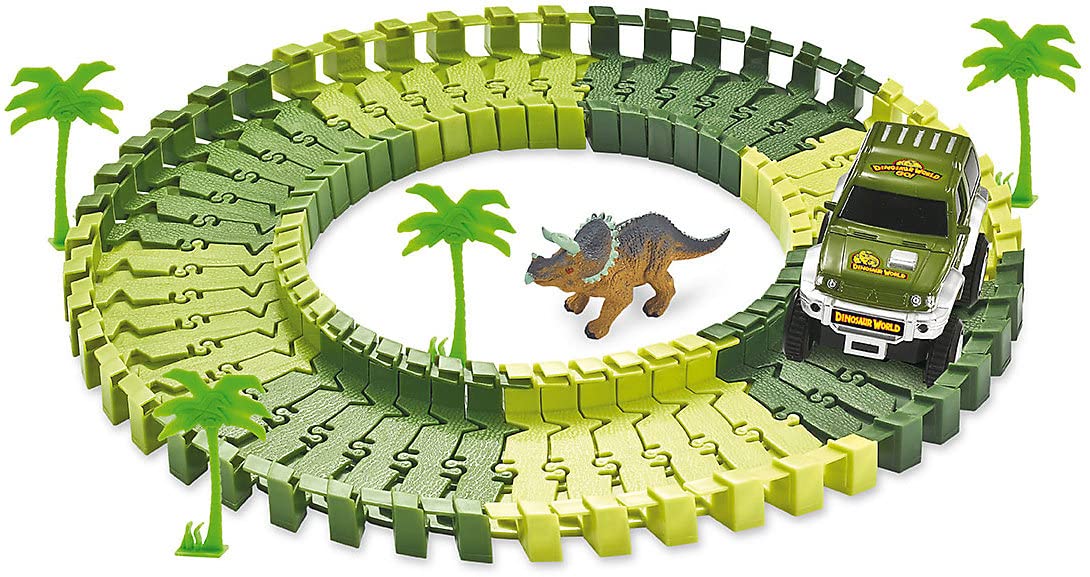 Amewi Magic Traxx Dino-Park Mini - 54-piece green track set with dinosaurs, perfect for kids' imaginative play.