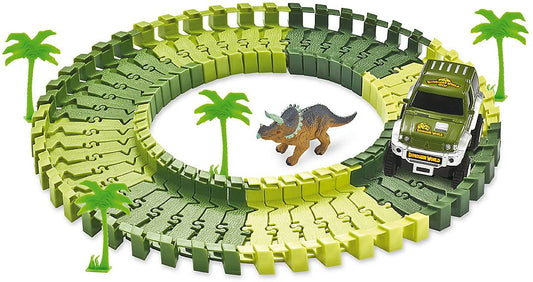 Amewi Magic Traxx Dino-Park Mini - 54-piece green track set with dinosaurs, perfect for kids' imaginative play.